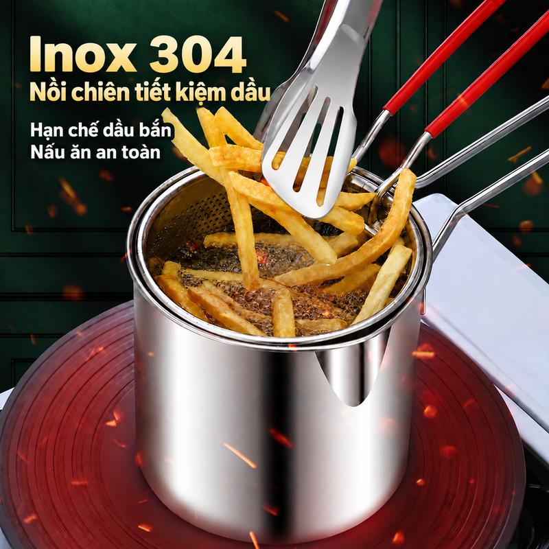 Nồi Chiên Inox 304 Có Giỏ Lọc Dầu, Nồi Chiên Ngập Dầu Gia Đình, Dùng Chiên Thịt Xúc Xích Khoai Tây Và Nhiều Món Ăn