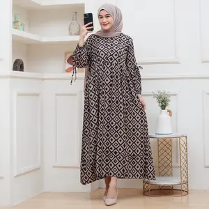 Dress Pita Lengan Balon Bahan Rayon Motif Gamis Muslim Wanita Panjang 130 cm Cantik Lembut Nyaman Busui Friendly & Wudhu Friendly