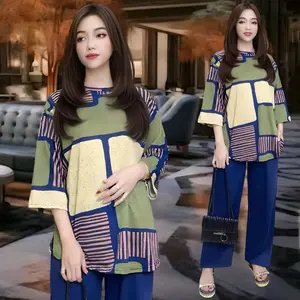 CHELLA SETELAN WANITA LD 120 & LD 130 CELANA LURUS DAN ATASAN OVAL BELAHAN KIRI DAN KANAN OVERSIZE WANITA celana lurus karet kantor kaos santai Motif