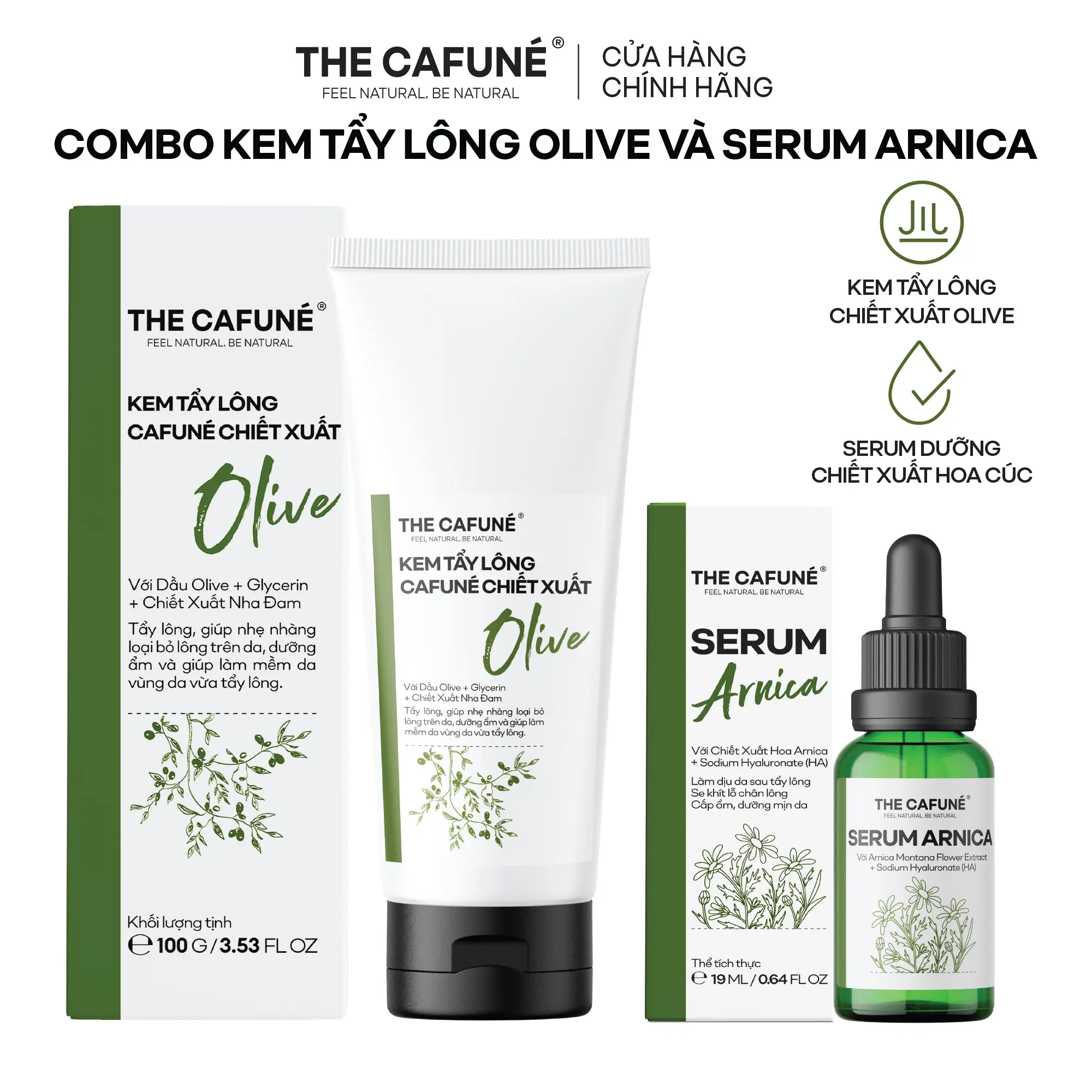 Combo Kem Tẩy Lông Olive Và Serum Arnica The Cafuné Dùng Được Cho Bikini, Chân, Tay, Nách 100ml Nữ Waxing