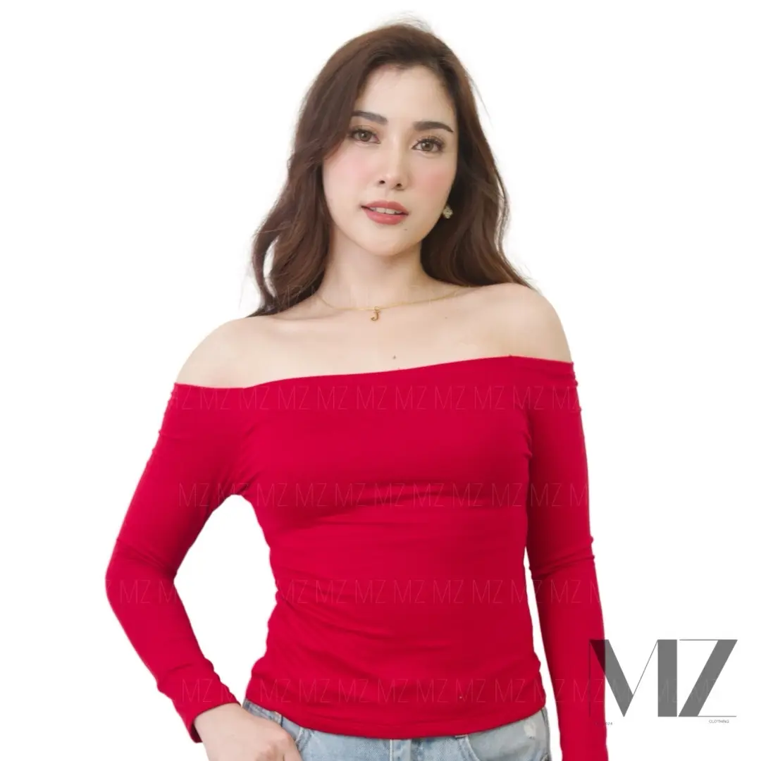 MZ Lala Off Shoulder Cotton Long Sleeve Double Lined Top for Women - Womenswear,  Basic Minimalist double  lining slim-fitting preppy Offshoulder Comfortable Breathable Fabric