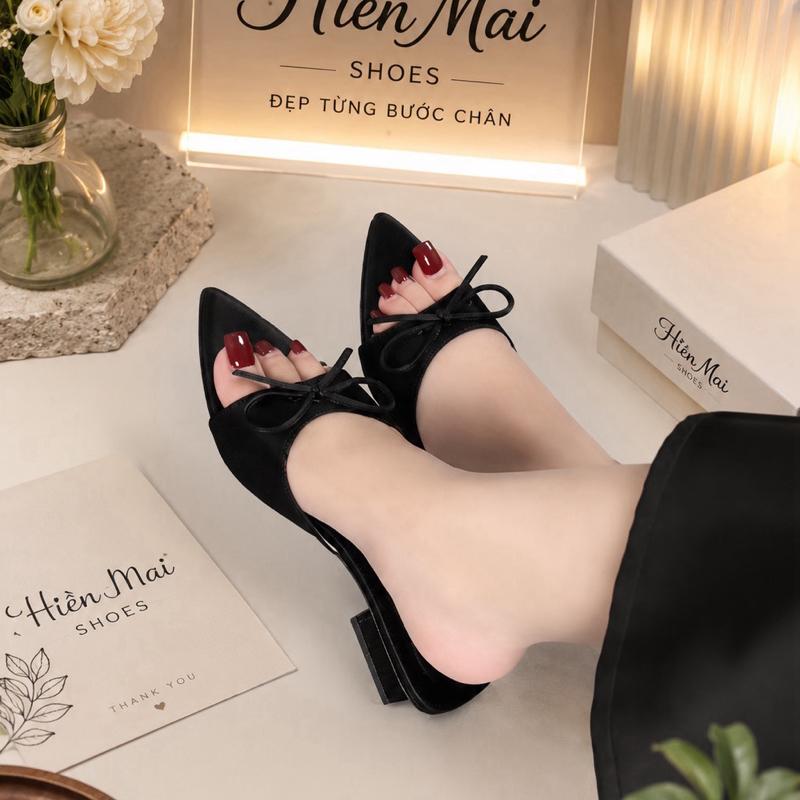 Dép Cao Gót 3cm Mũi Nhọn Bản Ngang Phối Nơ Chất Lụa Satin Mềm Êm Chân Cho Nữ…