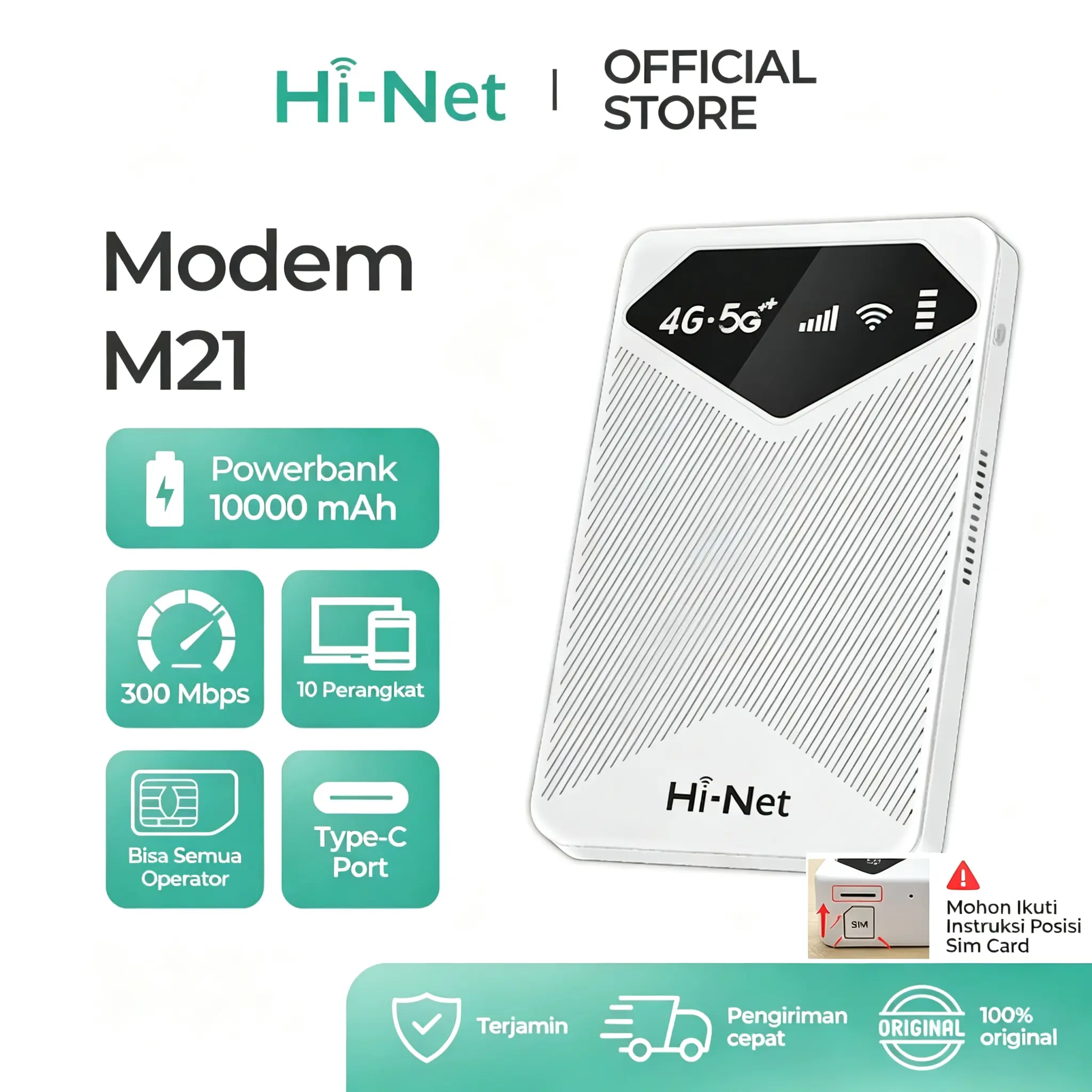 Hi-Net M21 Modem WiFi 4G 300Mbps Powerbank 10000mAh Type-C Bisa Semua Operator Indonesia Praktis Ringan Internet Stabil Powerbank Super Awet