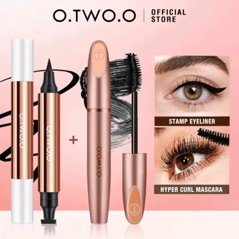 Paket Eyeliner Stamp 2 in 1 O TWO O dan Mascara O TWO O 3D Silk Fiber Eyelash Mascara Waterproof Long Lasting Mascara Maskara 0