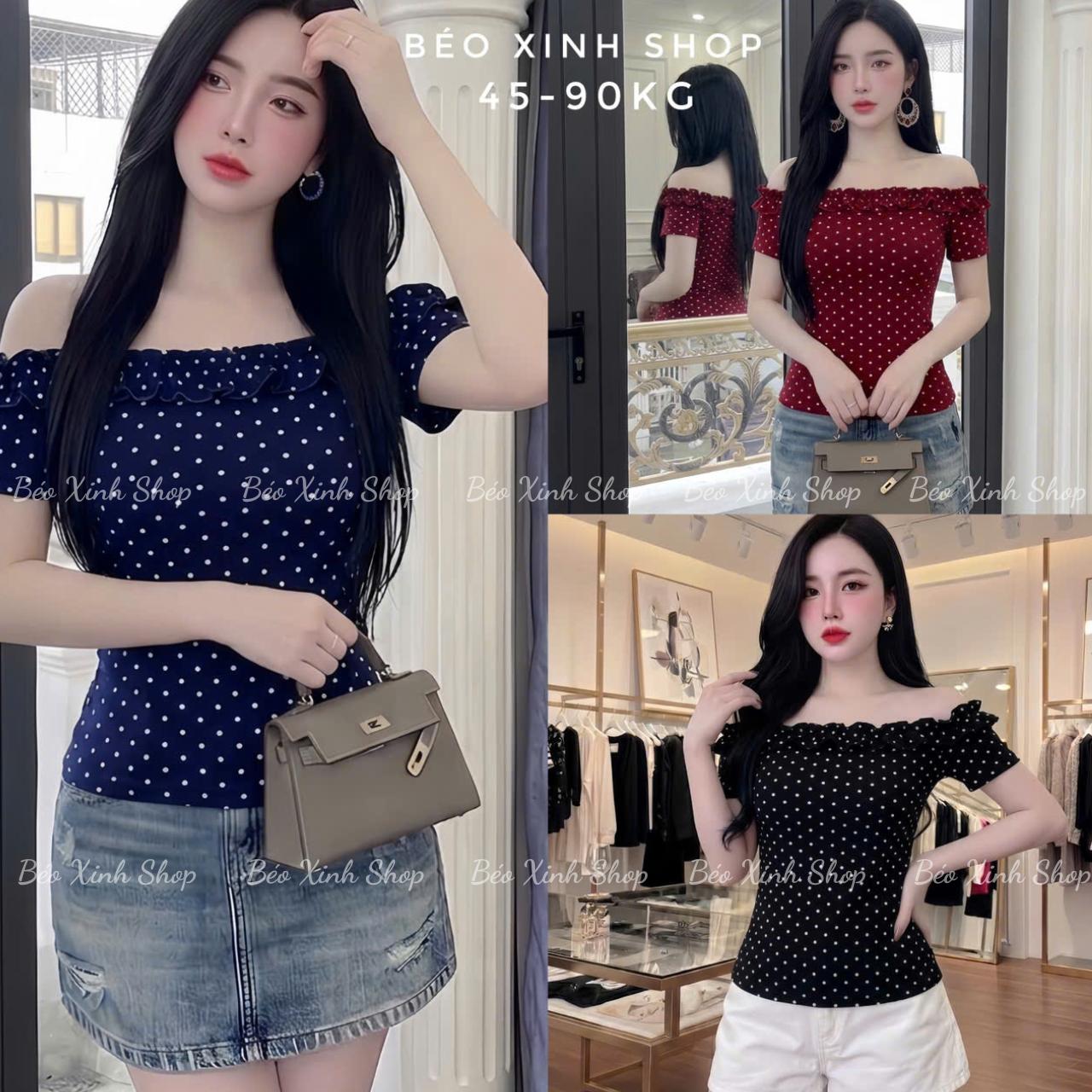 Áo Thun Nữ Trễ Vai Phối Chấm Bi (Chất Borit Chấm Bi Cotton Cao Cấp) Trẻ Trung Cho Nữ 45–90kg Béo Xinh Shop - A.1786