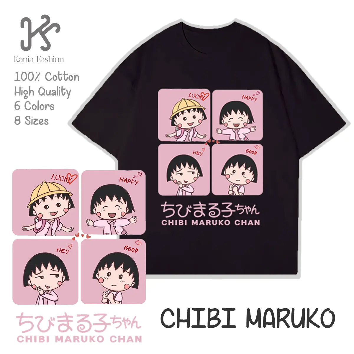 KAOS WANITA DAN ANAK CHIBI MARUKO CHAN Anime Jepang Kartun Lucu Bahan Katun 100% I T-shirt Lengan Pendek Wanita dan Anak