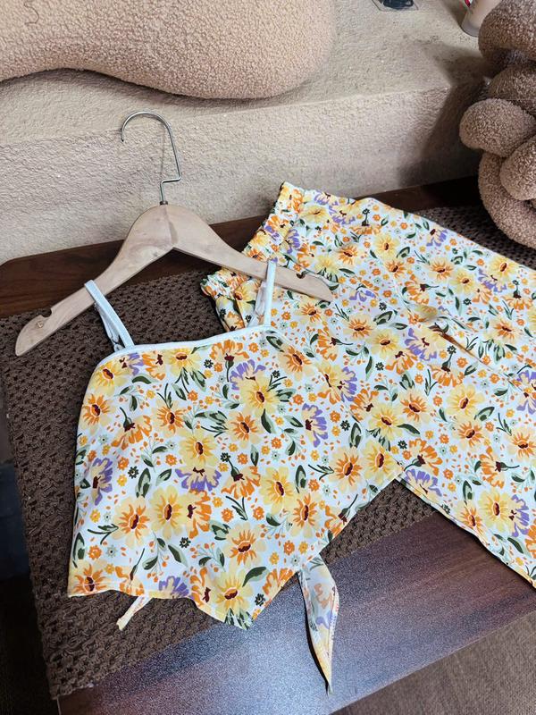 Sét Áo 2 Dây Trắng Phối Yếm Hoa Vàng Kèm Quần Dài Hoa 18B Dành Cho Bé Gái