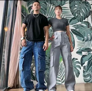 (UNISEX) Celana Cargo Jeans Loose kulot- Celana Cargo Jeans Highwaist Bahan Soft jeans Loose Pants Model korean Style Cewek cowok panjang