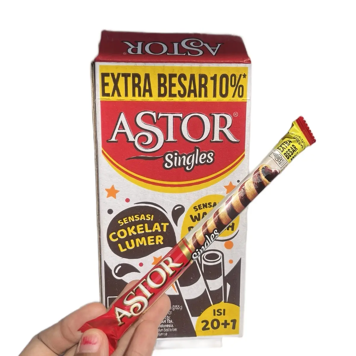 ASTOR SINGLES 1 BOX 310 gr isi 20+1 pcs ASTOR WAFER STICK ROLL DOUBLE CHOCOLATE KEMASAN BOX