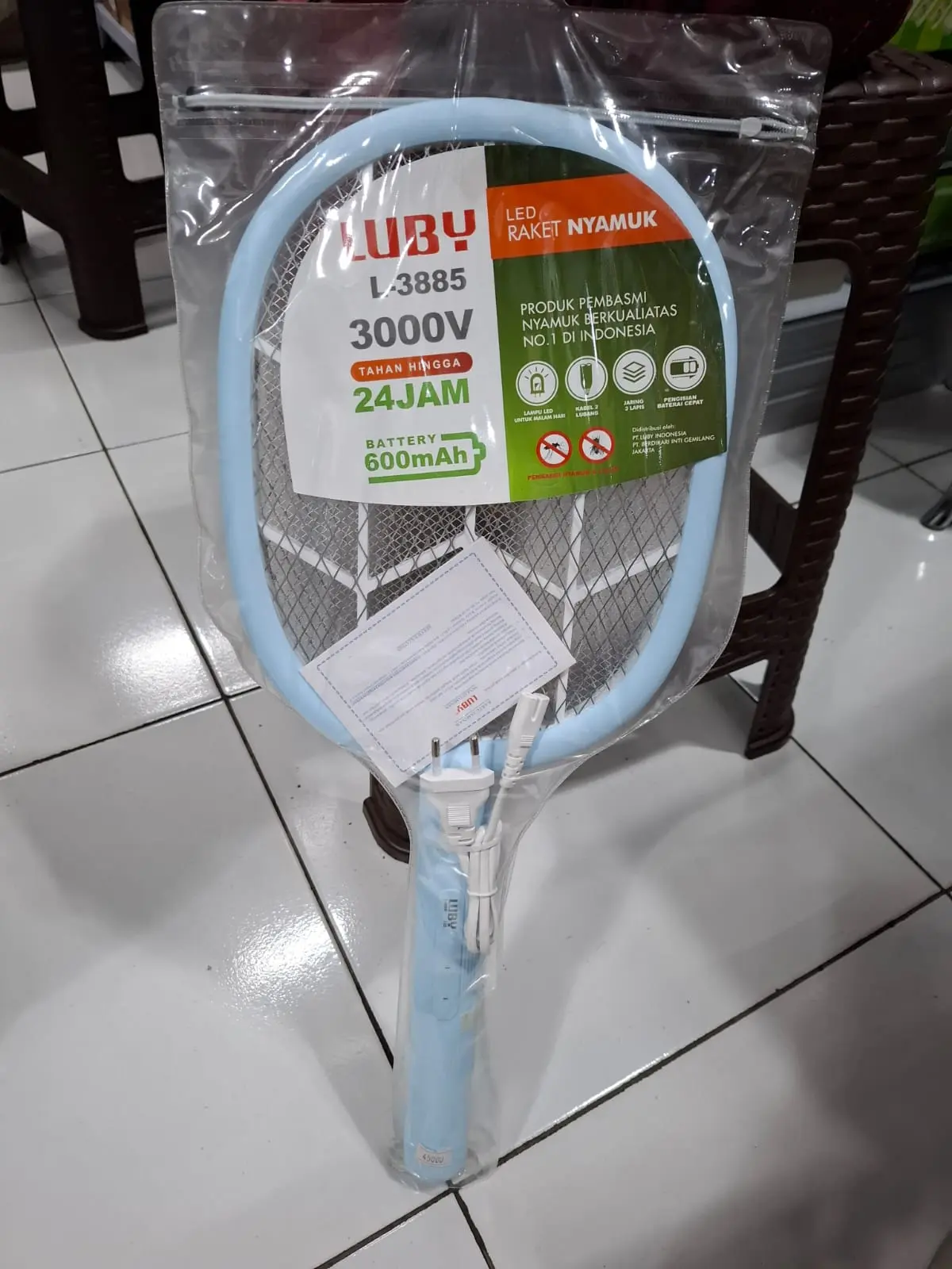LUBY Raket Nyamuk L-3885 Plus LED  (Perangkap Nyamuk) 600 mAH Kabel Listrik Baterai