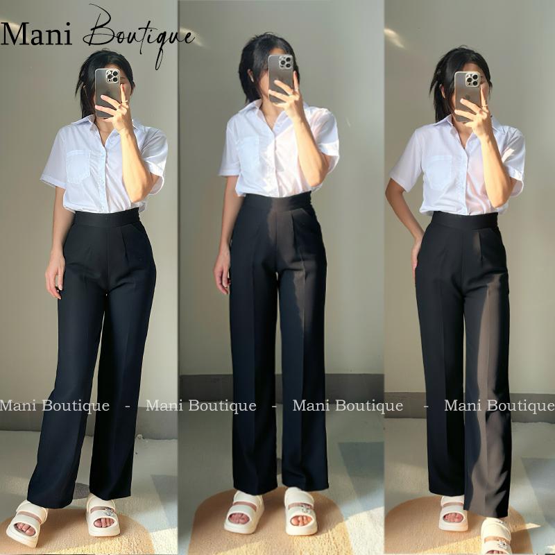 Quần ống rộng nữ đi học lưng cao khoá sườn dáng dài suông màu đen học sinh sinh viên làm công sở
