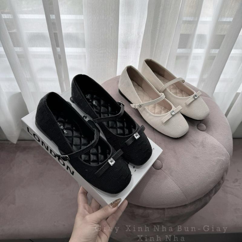 Giày bệt búp bê mũi tròn mix nơ đá xinh tiểu thư MA3 thời trang nữ - Giày mary jane