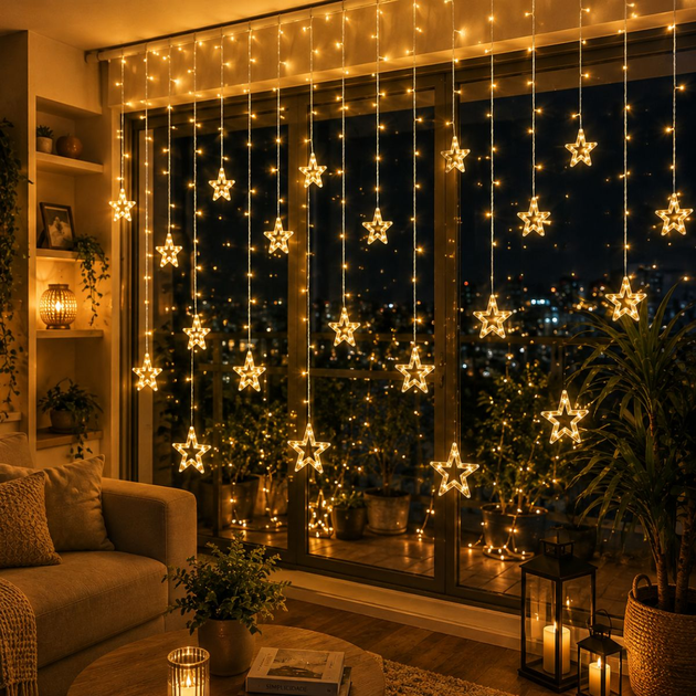 Cascata de Estrelas Natal Led Bivolt 8 Funções, Branco Quente e Pisca-Pisca