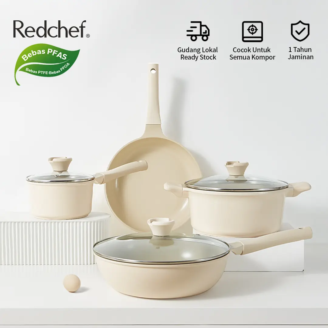 Redchef Set Panci Keramik Nonstick 7 Pcs Non PFAS PTFE PFOA Cocok untuk Semua Kompor Wok Penggorengan