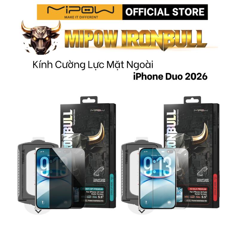 Kính Cường Lực Mặt Ngoài iPhone Duo 5.4'' MIPOW IRONBULL có khung tự dán, phủ nano, mượt mà, chuẩn 9H