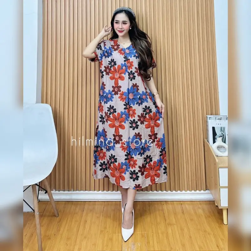 Daster Gadis Remaja Mocha Mousse Cappucino Rayon Homedress  LD 110 Motif Cantik Midi Busui Friendly Lembut Nyaman Bunga 3