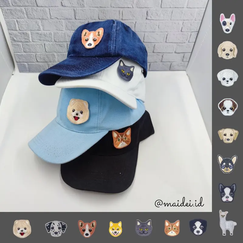 Topi Baseball Lucu bordir patch binatang Anjing Kucing by Maidei - Baseball Cap Hat Unisex bordir lucu casual Jeans Benang 3