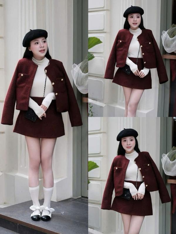 Sẵn Hàng Đi Đơn Luôn Set Bộ Nữ 2 Món Áo Khoác dài tay có túi mix chân váy ngắn form A chất liệu dạ ép lông cừu mềm mại màu Đỏ Mận MS477
