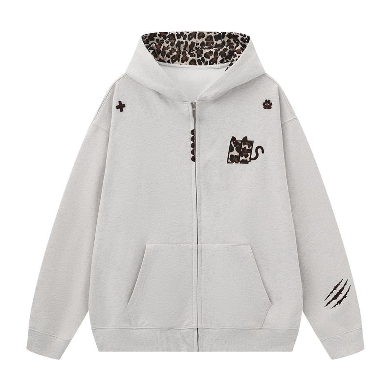  Áo Khoác Hoodie Mũ Trùm Đầu Lót Họa Tiết Leopard Unisex Form Rộng Áo Khoác Nỉ Zip Có Tai Mèo Dễ Thương 