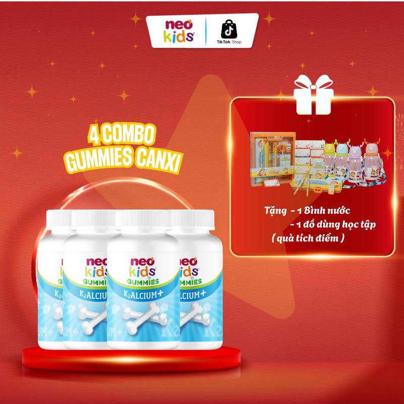 Combo 4 hộp Viên nhai Canxi Neo Kids vị sữa chua bổ sung Canxi, Vitamin D3, K2, MK7 giúp hỗ trợ tăng chiều cao, phát triển xương và răng cho bé yêu(c)