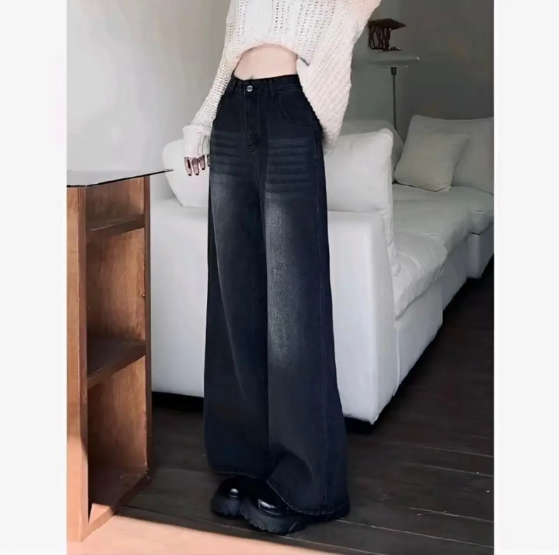 Highwaist kulot loose jeans celana baggy pants wanita Black Retro