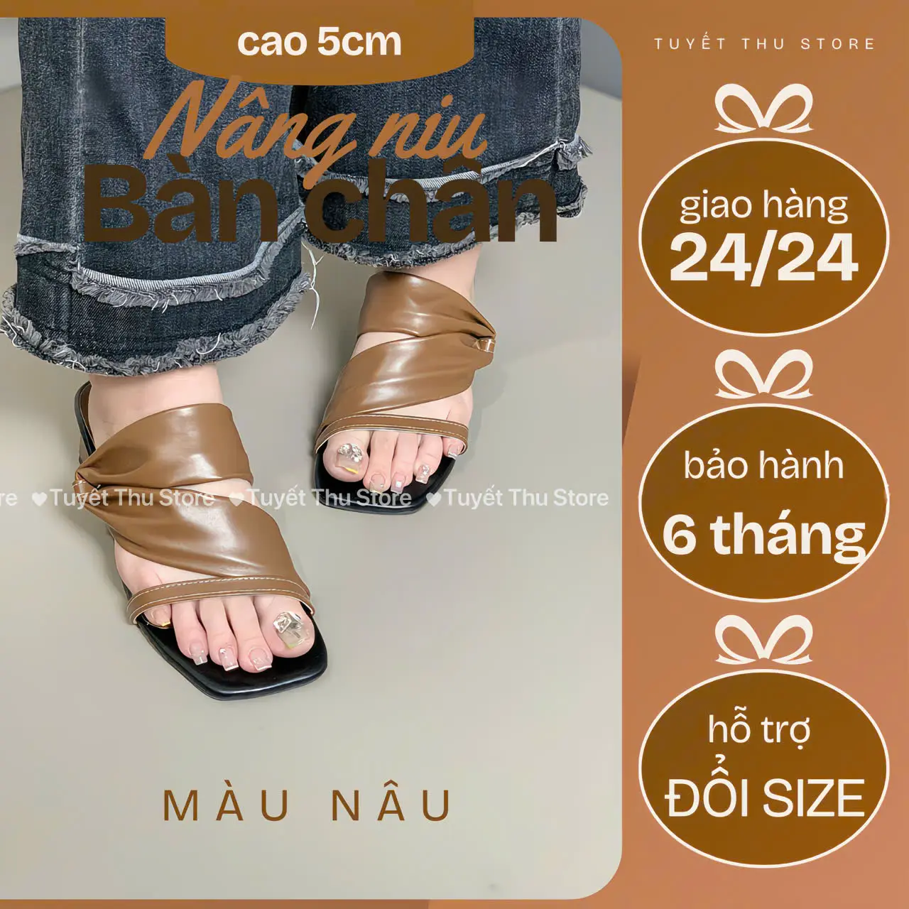Dép Cao gót mũi vuông quai nhăn kiểu dáng hottren (cao 5cm)