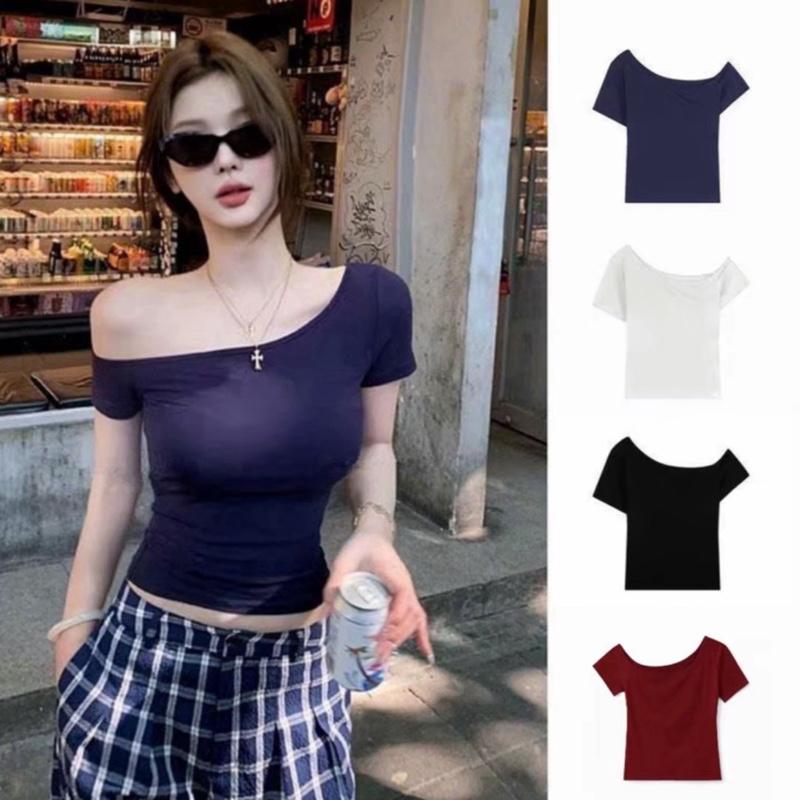 A52a Áo Thun Kiểu Cổ Trễ Vai 1 bên Dáng Tay Ngắn Ôm Body Tôn Dáng Phong Cách Mới Chất Thun XỊn size dưới 53kg