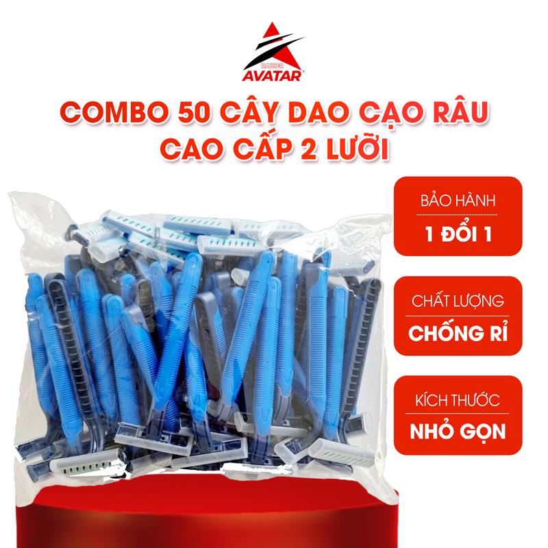 Combo 50 cây dao râu cao cấp 2 lưỡi, có dãi bôi trơn, cán cao su êm ái. Dùng cho nhà hàng, khách sạn Cạo Râu