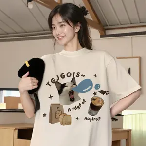 Korea Style T-shirt Oversize Sleepy Cat Kaos Wanita Putih Baby Tee Coquette Cat Cute Soft Aesthetic Uniqlo Dupe