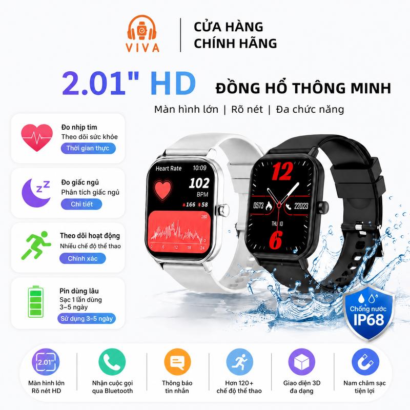 Đồng hồ thông minh VIVA G11 với màn hình 2,01 inch hiển thị sắc nét, hỗ trợ nhiều chức năng, đạt chuẩn chống nước IP68, có nhiều chế độ thể thao, hỗ trợ gọi qua Bluetooth, thông báo tin nhắn, hỗ trợ giao diện tiếng Thái, đồng hồ thông minh phù hợp để sử d
