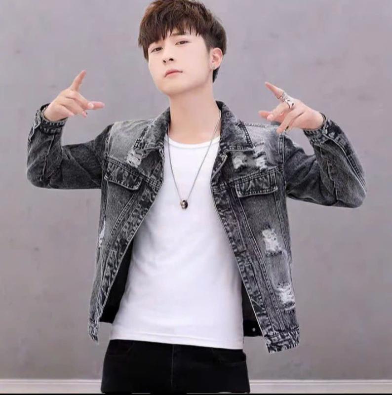 MS37 Áo Khoác Jean Nam Xám Rách Vá Vải Phối Chữ Chất Liệu Jean Cao Cấp Có Cổ Có Túi Menswear