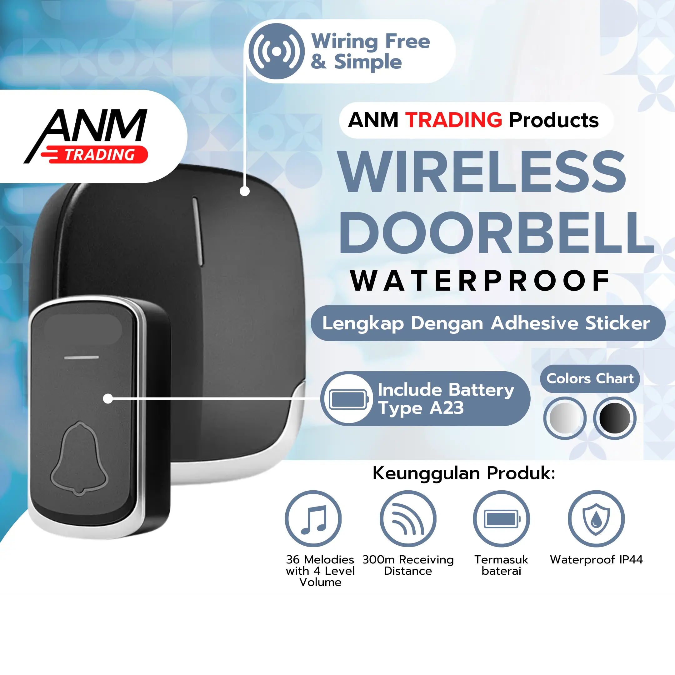 Bel Rumah Wireless Door Bell Waterproof Pintu 1 Receiver