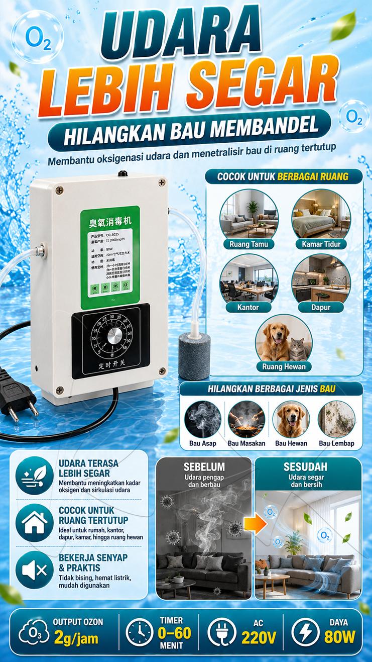 Ozone Generator 2000mg/hr Water Purifier Air Sterilizer Penghasil Ozon Pemurni Air Minum Sayuran & Daging  Penghilang Bau Udara Kolam Ikan Akuarium Alat Sterilisasi Ruangan Multi-fungsi Ozonizer Portable untuk Rumah Tangga & Kolam Renang