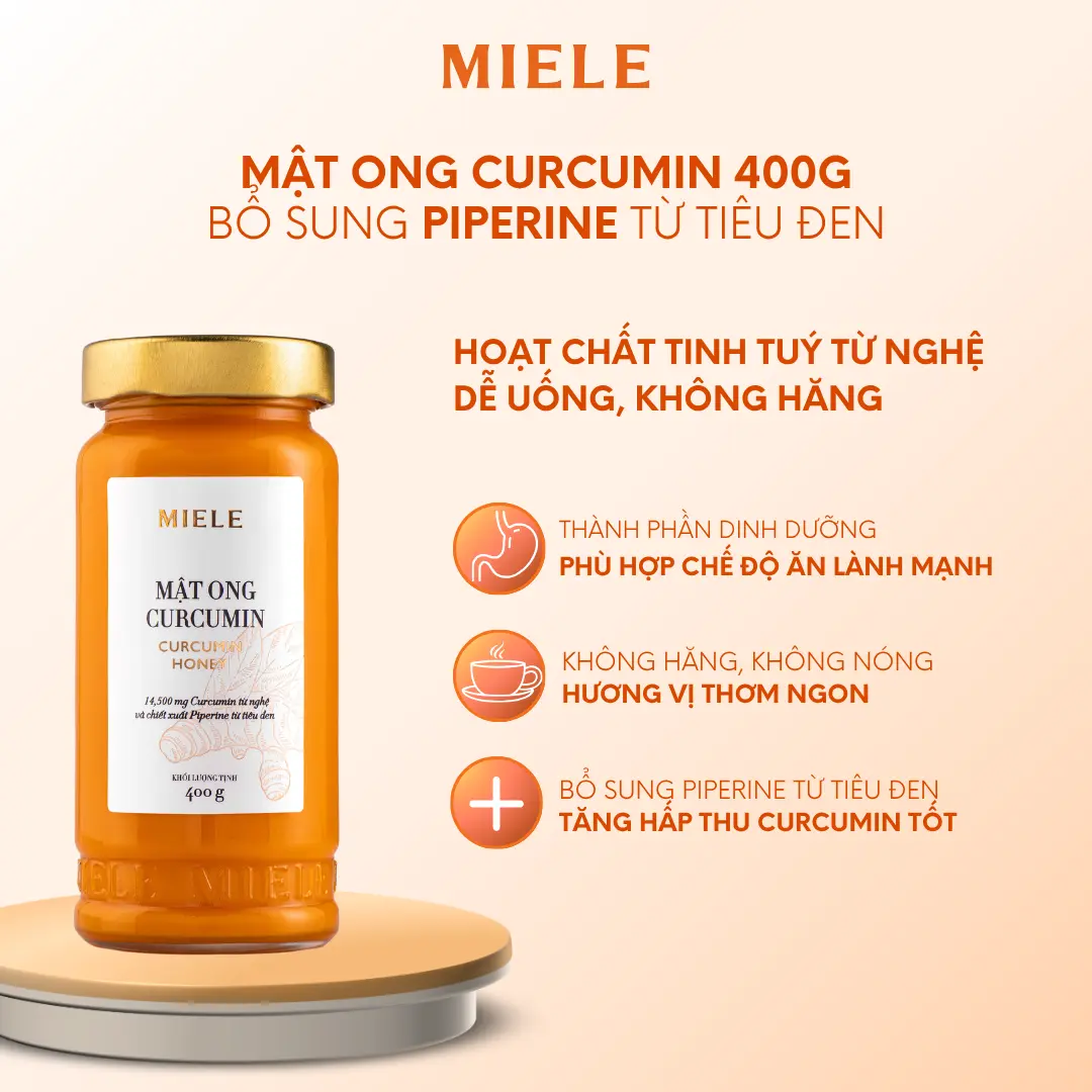 Mật Ong Curcumin Miele 250g, 400g, Hộp Stick Tiện Lợi 15g x 15 gói - Chiết Xuất Từ Nghệ Chứa 14500mg Curcumin