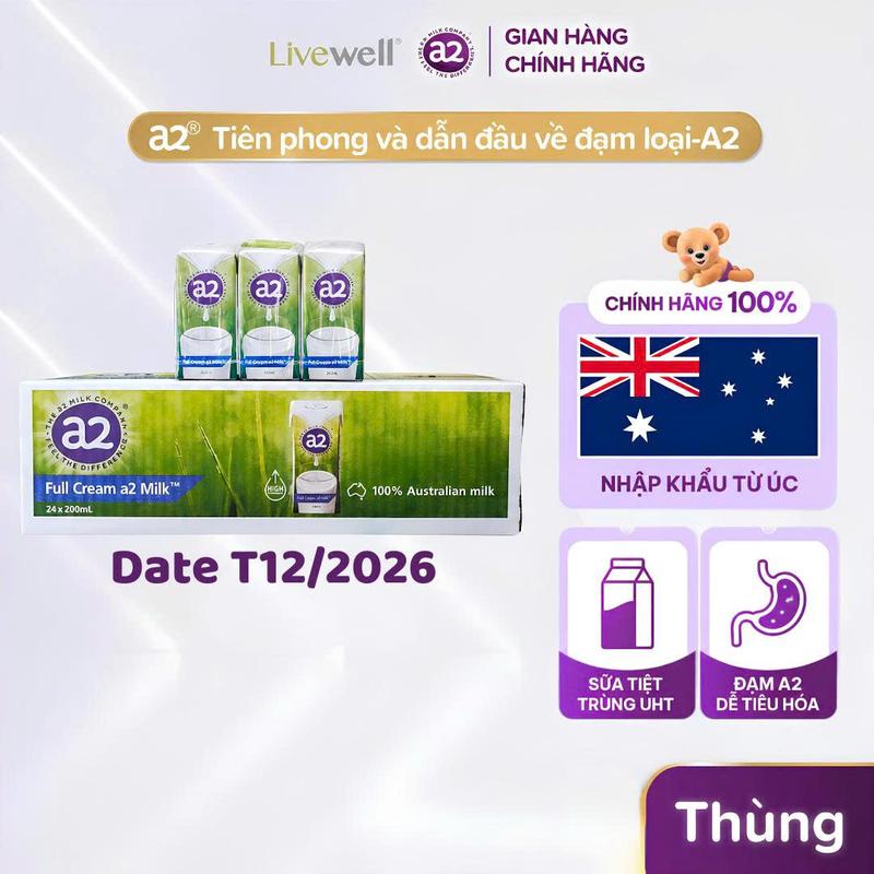 [Date t12/2026]Thùng sữa tươi tiệt trùng a2 Milk UHT Hộp 200ml (24 hộp)