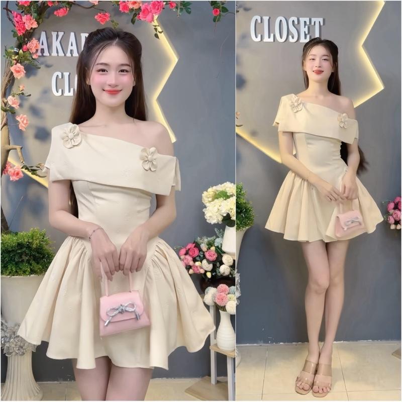 Đầm Lệch Vai Dự Tiệc Hoa Dập Nổi Y71 Ngắn kèm quần kèm 2 tag hoa 2 dáng ngắn dài tôn eo - Akara Closet