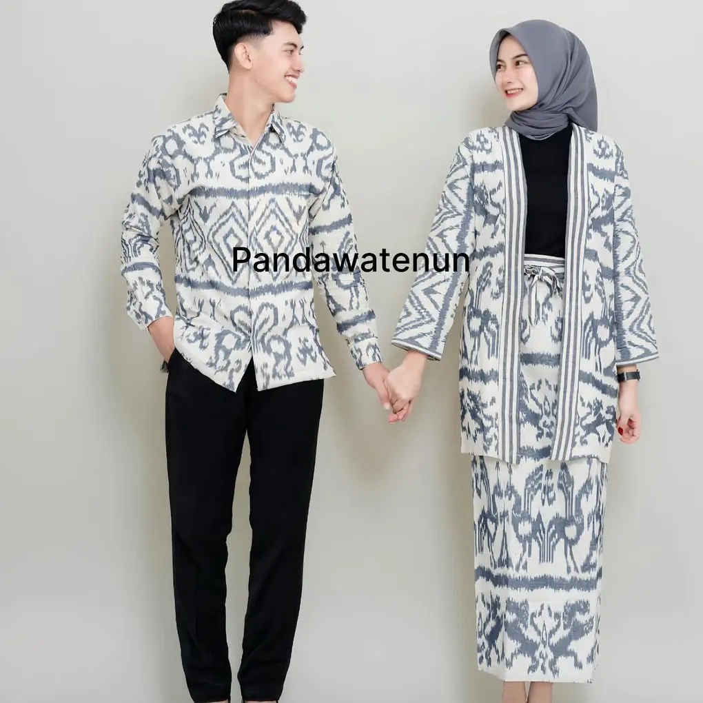 READY STOCK - MADAM WHITE GREY NTT - SET COUPLE BAJU TENUN Atasan Outer batik