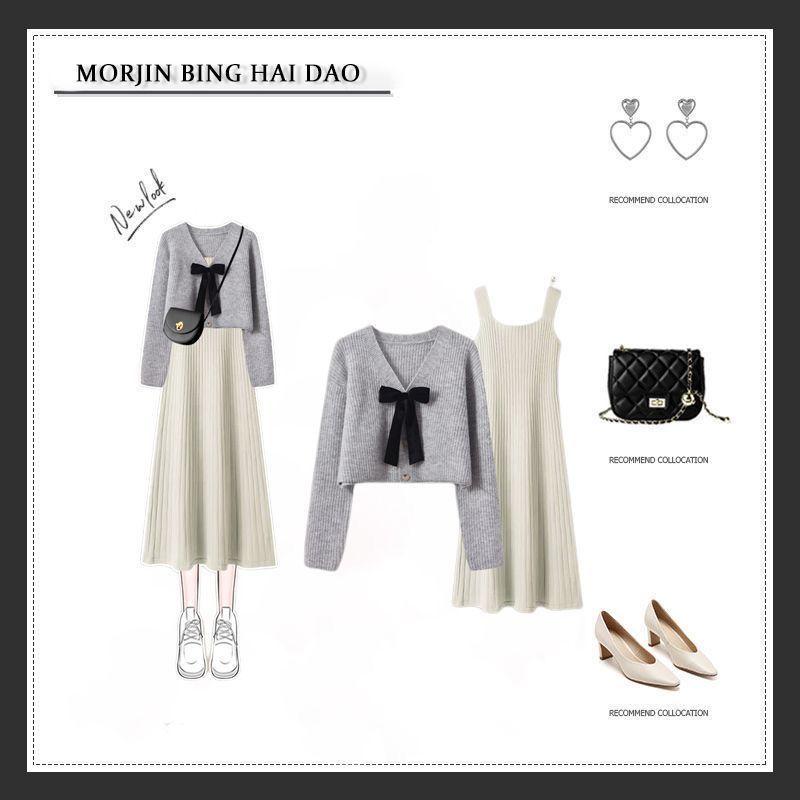 Product Introduction of Women's V-Neck Knitted Cardigan Sweater, Slim Joker Dress with Suspenders, Oversize, Autumn Suit, New, 2 Pcs, 2023 7