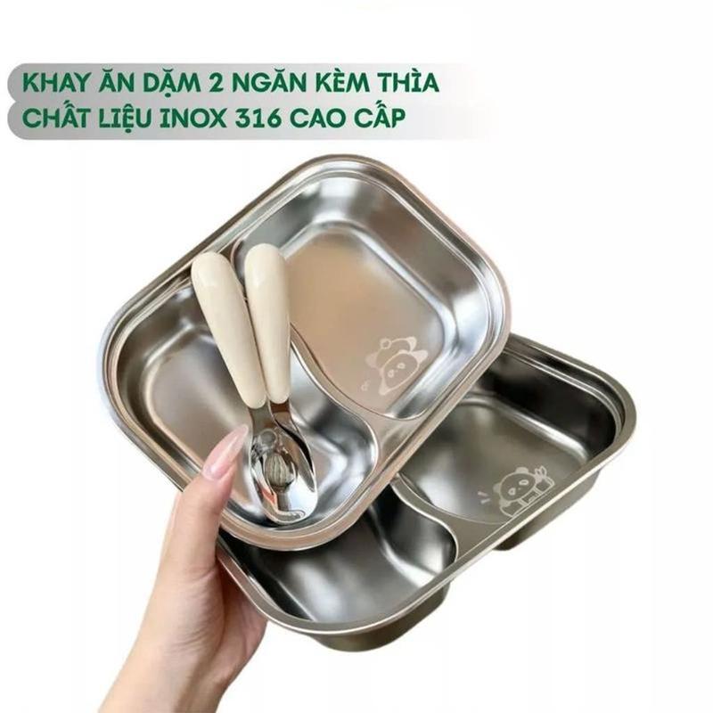 Khay Ăn Dặm 2 Ngăn Kèm Thìa Khay Ăn 2 Ngăn Cho Bé Chất Liệu Inox 316 Cao Cấp An Toàn
