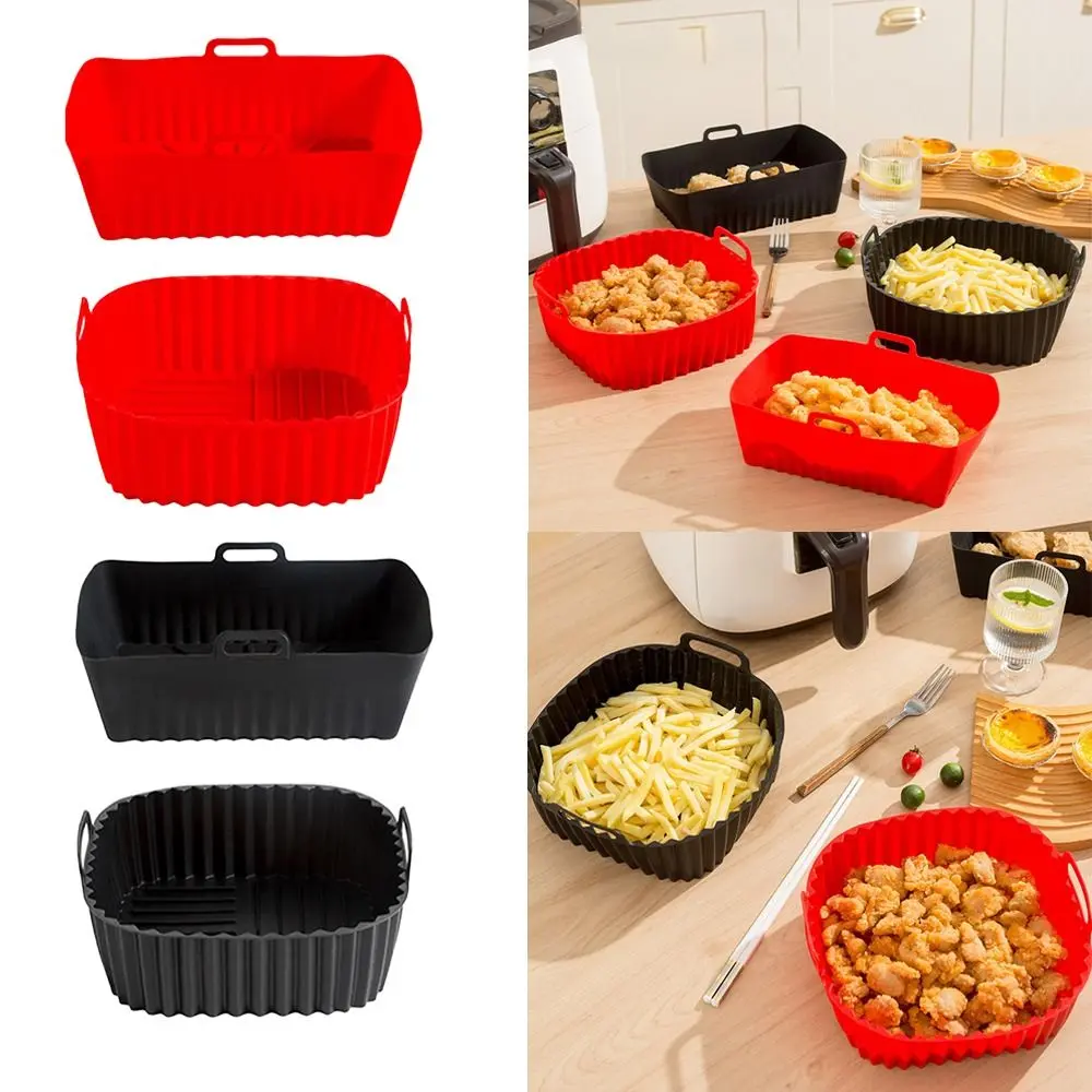 Air Fryer Accessories Reusable Silicone Air Fryer Liners for 4-7 QT with Handle Square Air Fryer Mat Black Red Silicone Bowl Roasting