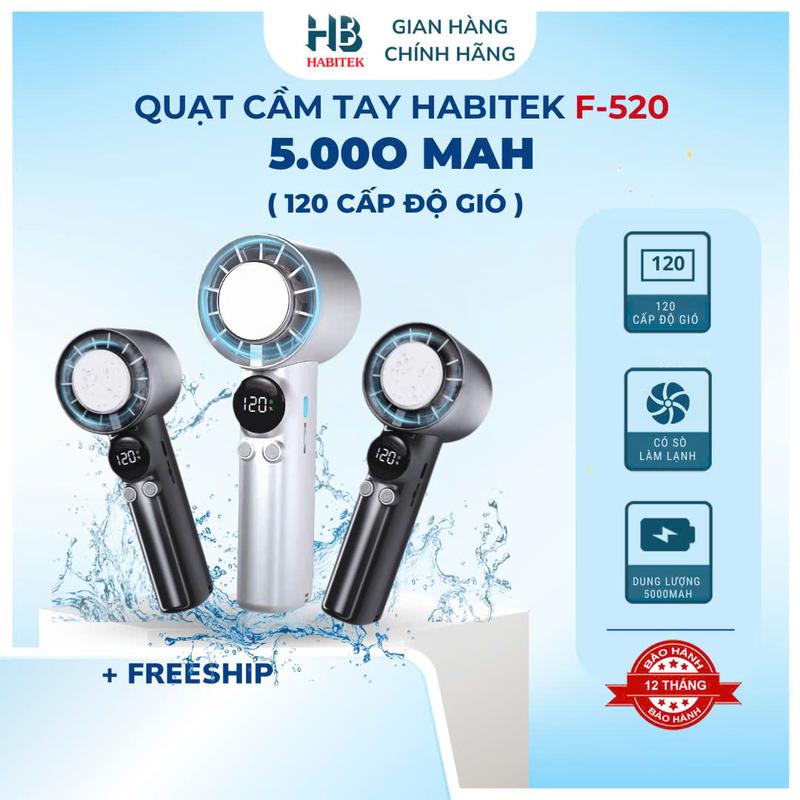 Quạt Cầm Tay Mini HABITEK F-520  Có Sò Lạnh Tốc Độ Cao, Pin 5000mAH, 100 Mức Gió, Gió Mạnh, Màn Hình Kỹ Thuật Số Turbo Mini, Hỗ Trợ Cả Ngoài Trời Và Trong Nhà, Bảo Hành 12 Tháng [ Đổi trả với bất kỳ lí do gì]
