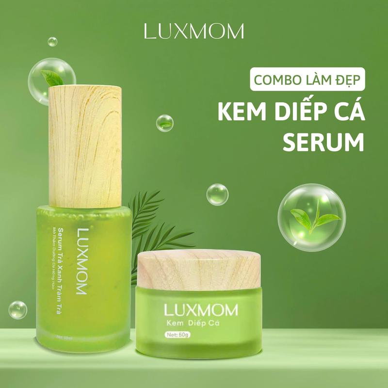 Bộ Đôi Luxmom Serum Trà Xanh Tràm Trà Và Kem Diếp Cá Hỗ trợ Da Mẹ Bầu & Sau sinh Trắng Mịn Ngừa Mụn Mờ Thâm Sạm Nám Tàn Nhang An Toàn Hiệu Quả