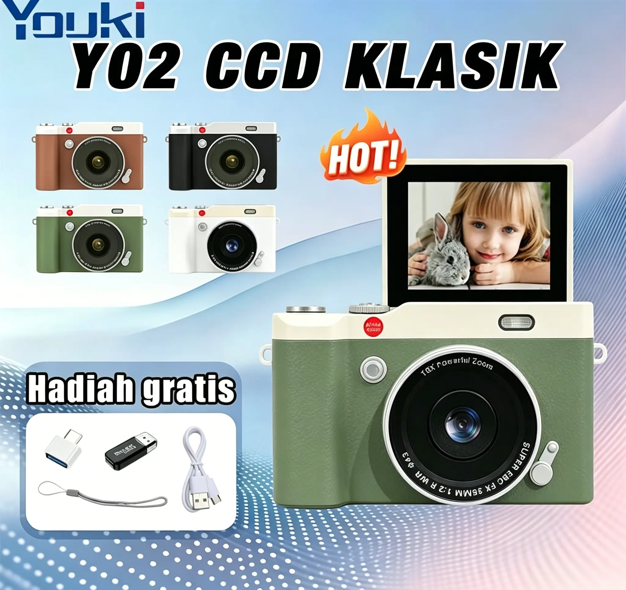 【Kado Lebaran Terbaru】YOUKI Kamera Digital Retro 4K 68Mp Ccd Portabel Kamera Digital Mini Retro Layar 2.4 Inci Zoom 16X Camcorder Layar Lipat 180 Derajat