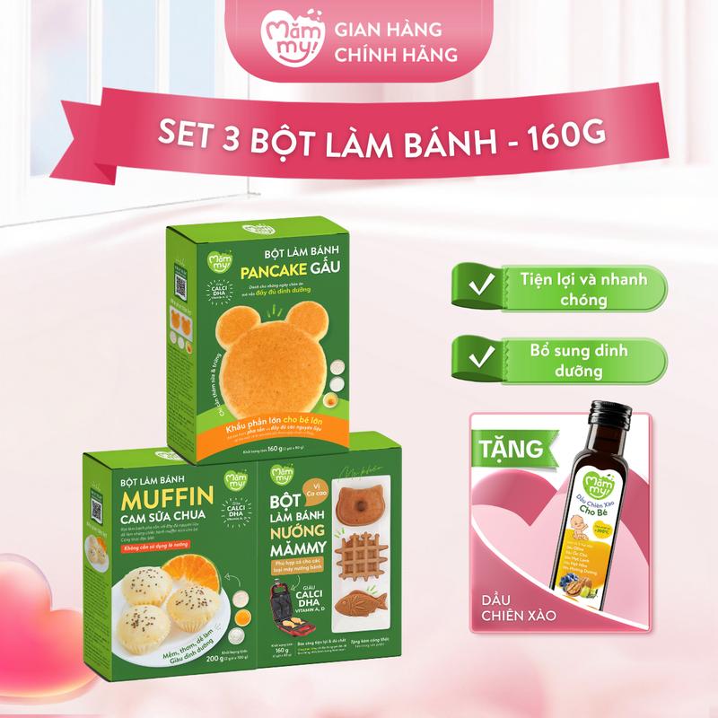 Combo 3 Hộp Bột Làm Bánh Nướng MĂMMY Hương Cacao Pancake Gấu Và Bột Làm Bánh Muffin Hấp Cam Sữa Chua Giàu Dinh Dưỡng Bổ Sung Vitamin Cho Bé Từ 6 Tháng CX
