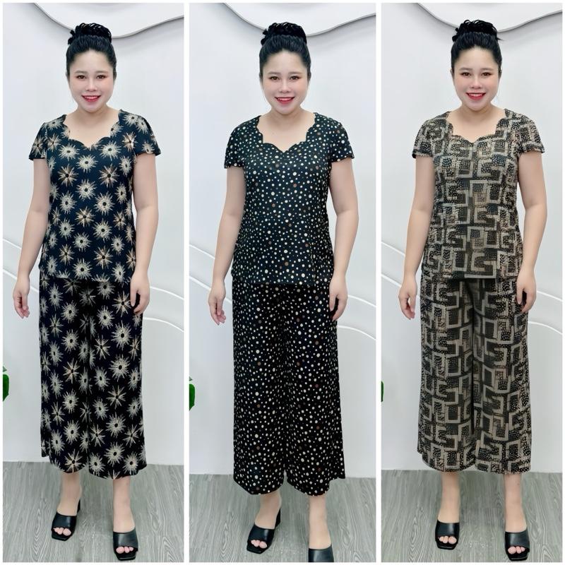 L79 Đồ bộ trung niên set bộ cho mẹ thun tăm thái mềm mát quần ống rộng 9 tấc 50-80kg Nữ Áo Women Nhung