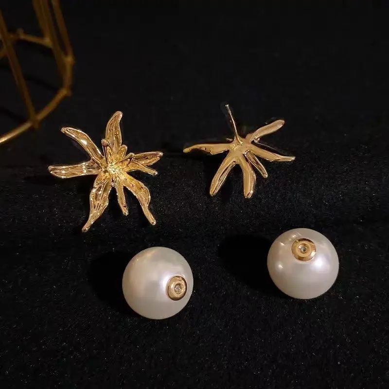 dhio-Jarum Perak Mode Eropa Anting Bentuk Bunga Logam Mutiara 3