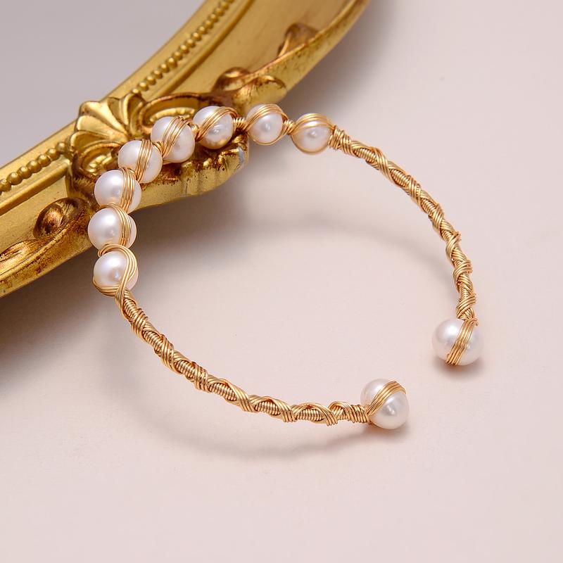 Product Introduction of CloudjewelryGlobal Fresh Water Pearl Bead Bracelet Jewelry Tiny Gold Wire Twined With Pearl Open Cuff Bangle Bracelet Come With Gift Box 0