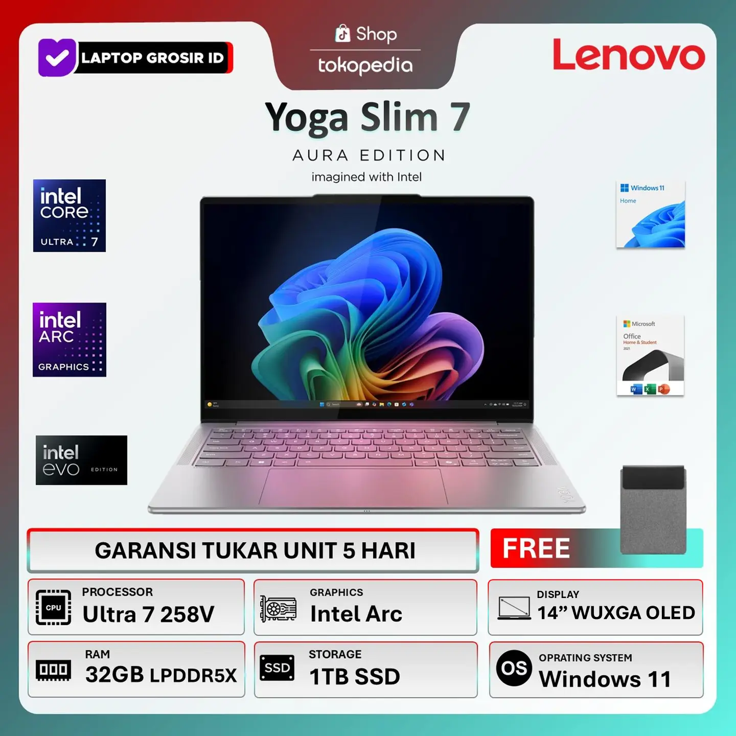 Lenovo Yoga Slim 7 Aura Edition 14 OLED Evo Ultra 7 258V Ram 32GB 1TB SSD Win 11+OHS 14" WUXGA OLED