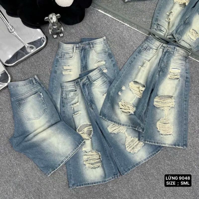  Quần Jean Ngố Nữ from Ống Rộng Dáng Lửng Rách Te Tua Quần Bò Nữ Lưng Cao Không Co Dãn Màu Bụi TH9048 