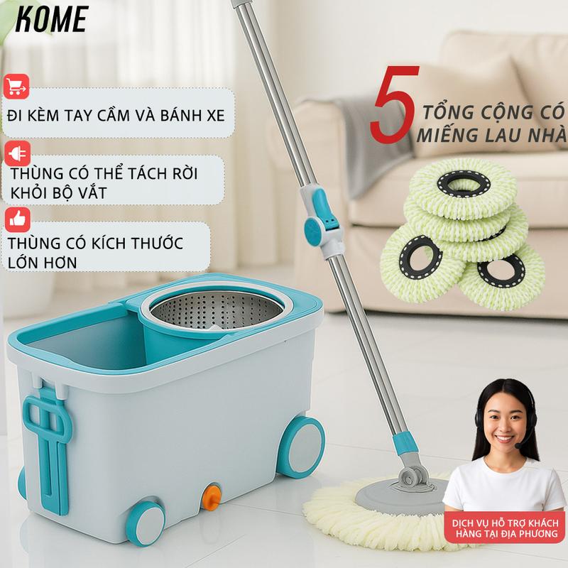 KUMALL Cây Lau Nhà Tự Vắt Thông SPINMOP Tặng Kèm Bông Lau Tổng cộng có 5 miếng vải lau nhà Có tay kéo di chuyển được thùng vắt có thể tách rời